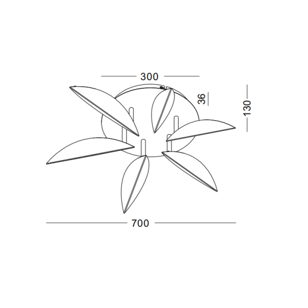 Technical drawing of a leaf style ceiling light fixture labelled with dimensions