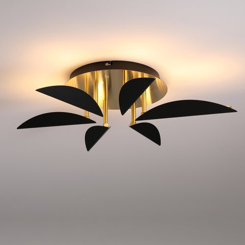 LED ceiling light fixture with black leaf-like designs on a gray background