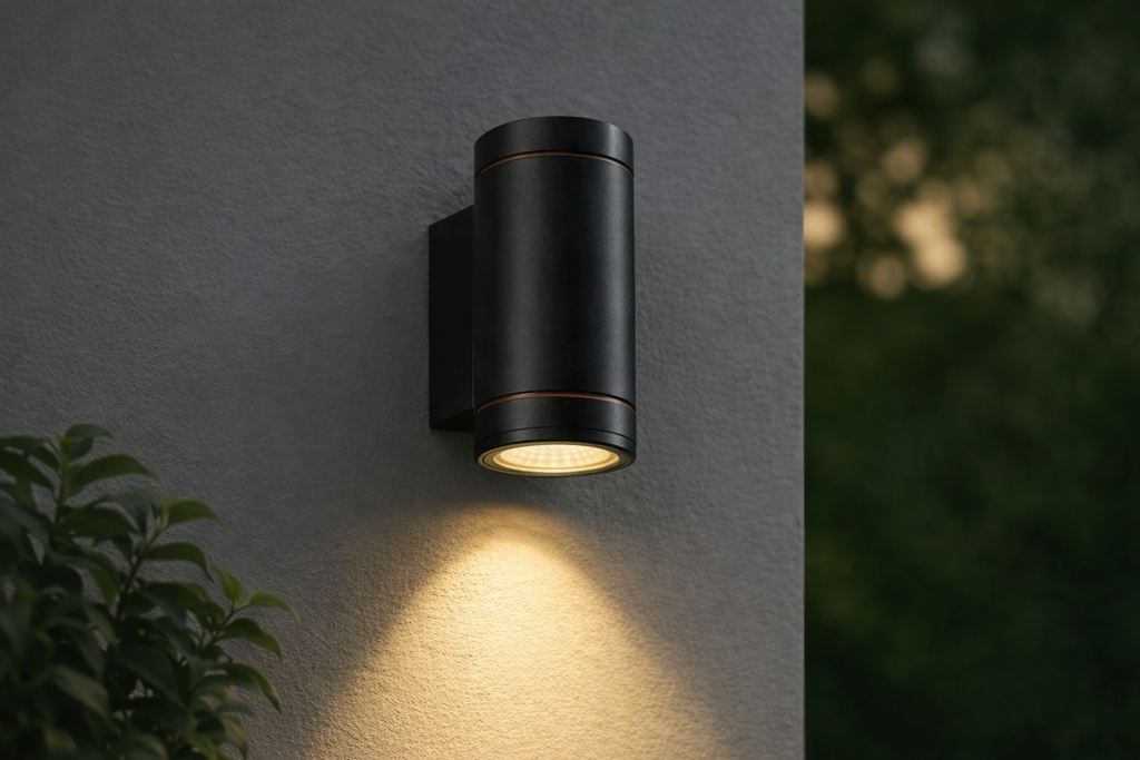 Black outdoor wall light fixture on a gray wall with a blurred natural background