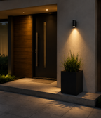Modern house entrance with a light fixture and potted plant at night.