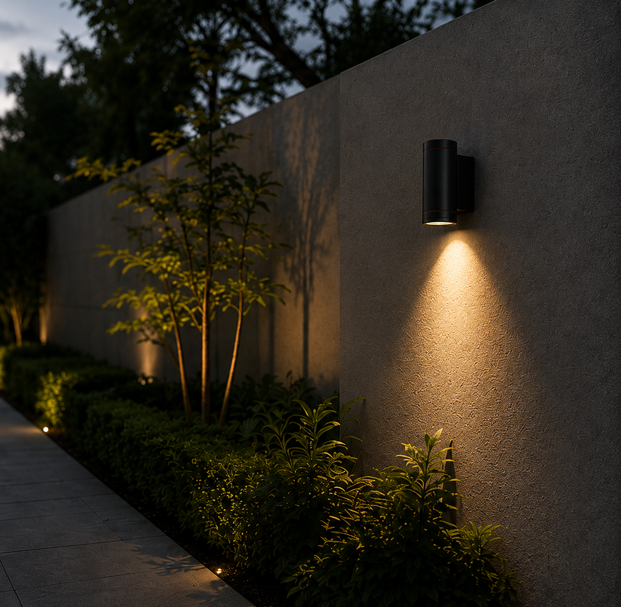 Outdoor wall light fixture on a concrete wall with plants and trees in the background.