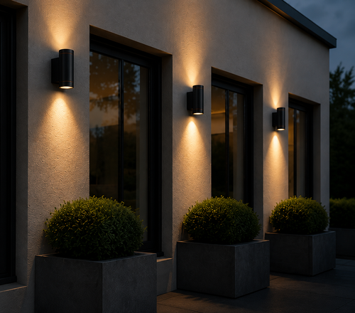 Three modern black cylindrical outdoor wall sconces mounted on a beige stucco building facade at dusk, casting warm light downward beside dark-framed windows and planter boxes.