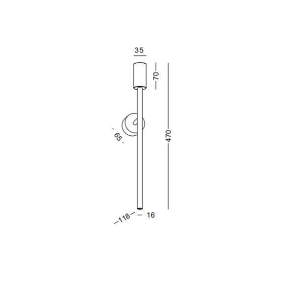 A simple black-and-white line drawing showing a wall-mounted light fixture with dimension labels and measurements, used to communicate product size rather than depict a photographic product shot.