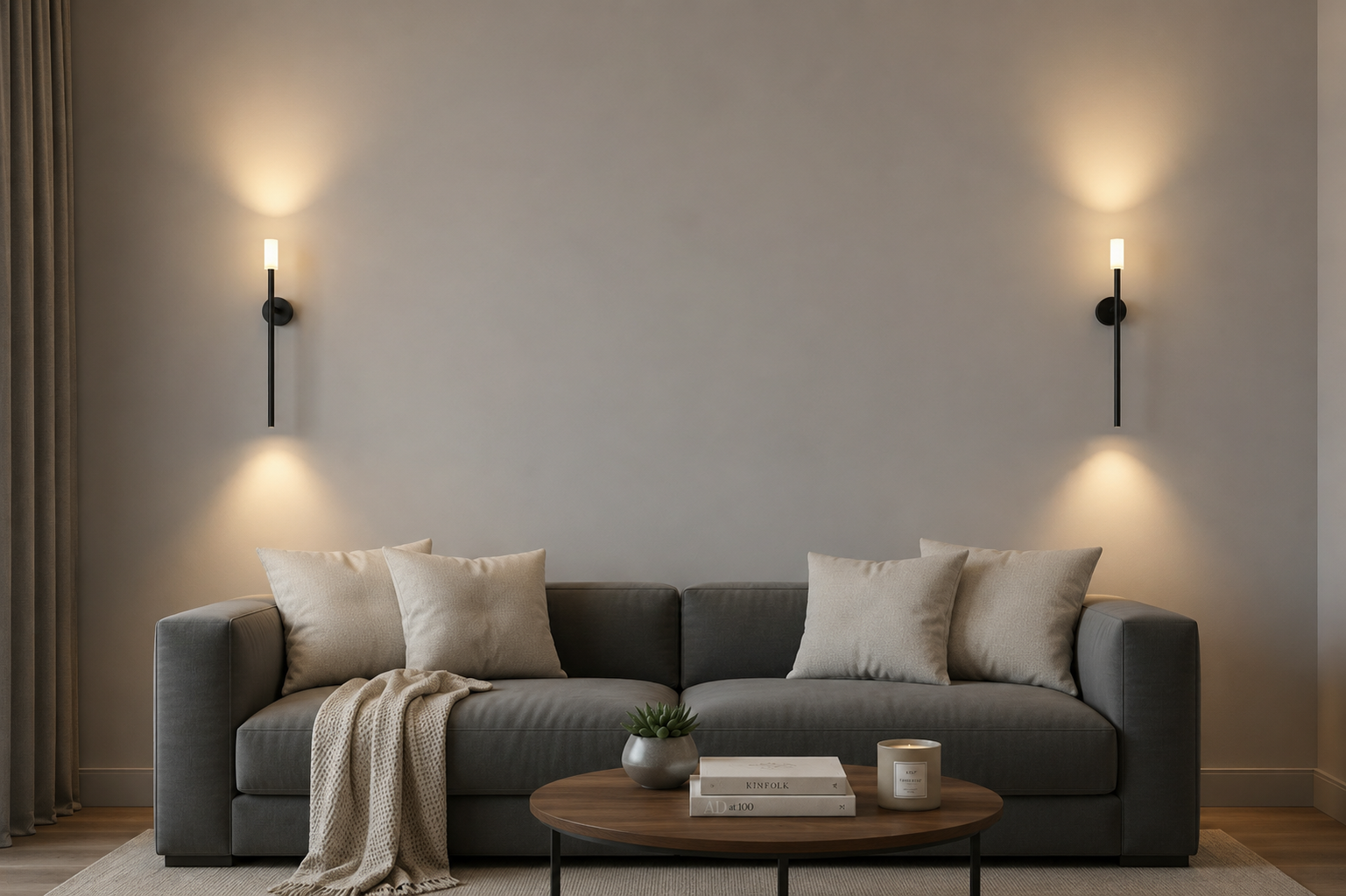 A modern gray fabric sofa in a minimalist living room setting, styled with beige throw pillows, a cream knit blanket, a round wooden coffee table, and two black wall sconces mounted on a warm gray wall.