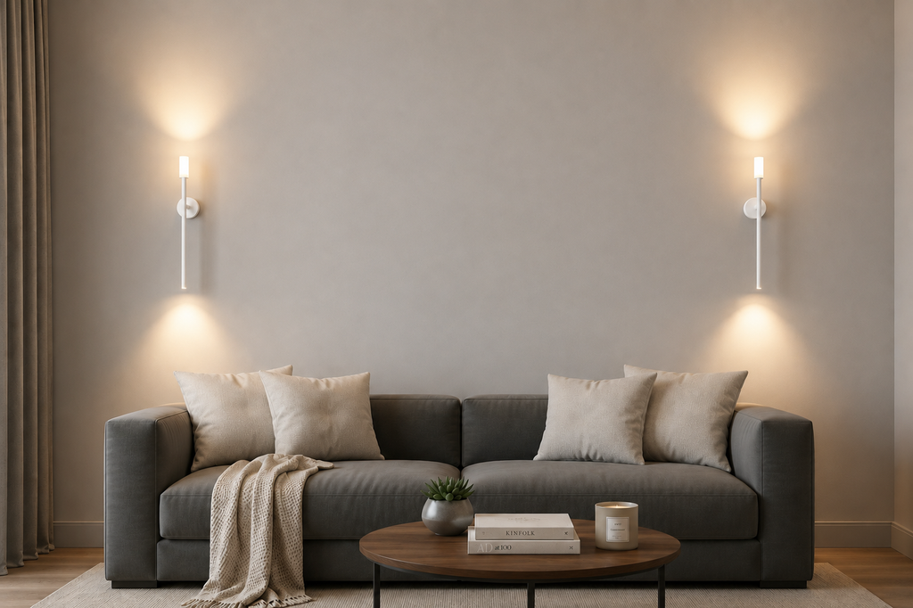 A modern gray fabric sofa in a minimalist living room setting, styled with beige throw pillows, a cream knit blanket, a round wooden coffee table, and two sleek white wall sconces casting a warm glow on the light gray wall.