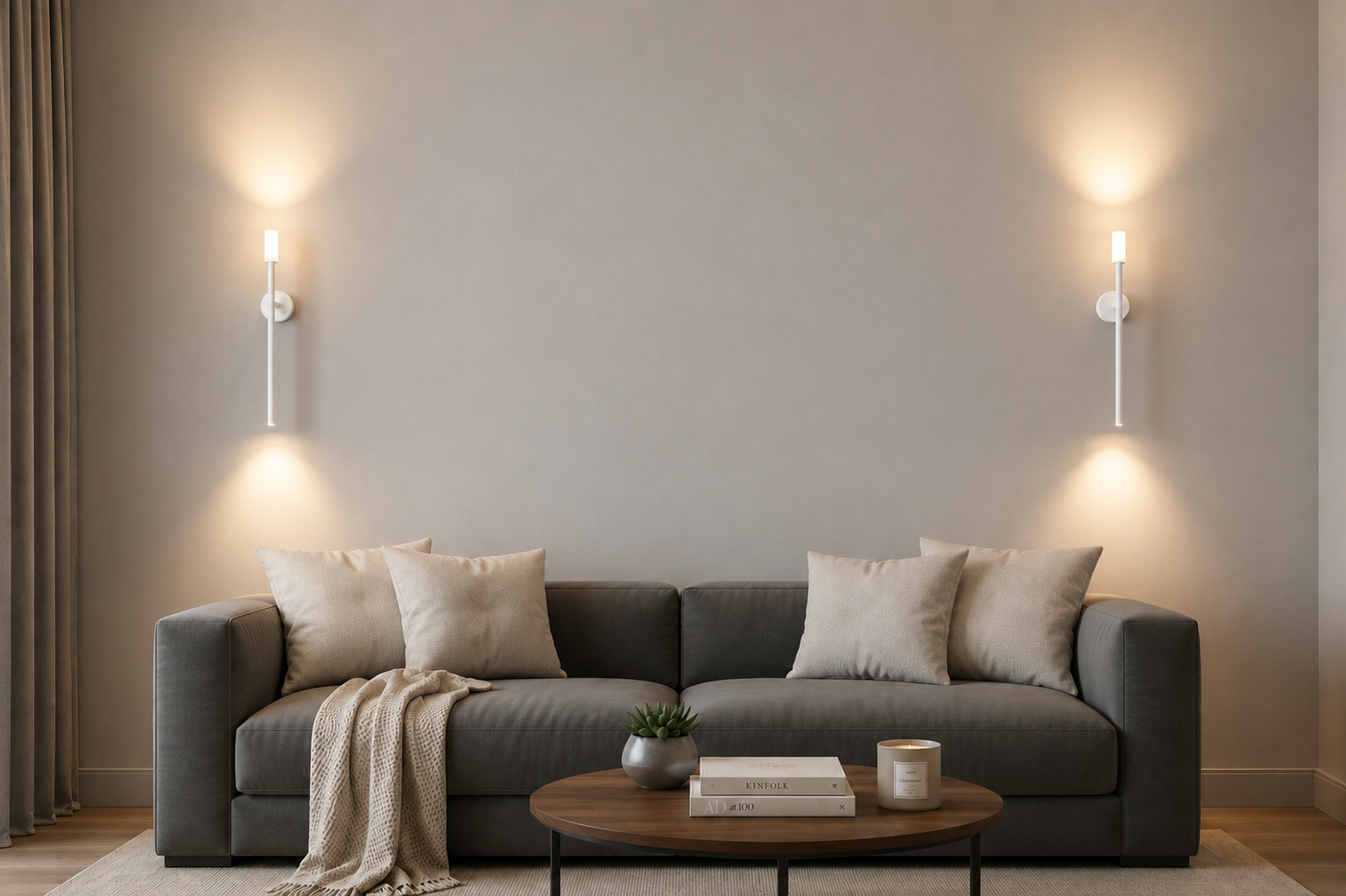 A modern gray fabric sofa in a minimalist living room setting, styled with beige throw pillows, a cream knit blanket, a round wooden coffee table, and two sleek white wall sconces casting a warm glow on the light gray wall.